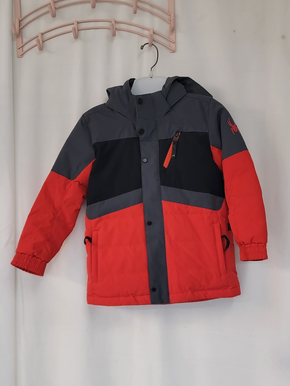 Spyder Kids Colorblock Hooded Puffer Jacket - Red/Gray/Black